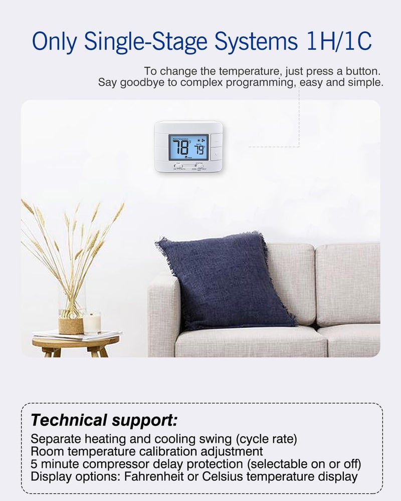 Aowel Non Programmable Thermostat for Home 1 Heat/ 1 Cool Single-Stage System, with Room Temperature Monitor (LCD White Backlit Screen) - Image 3